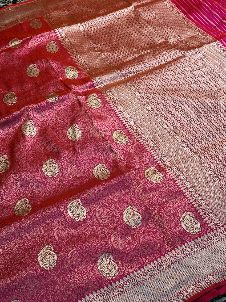 Rani Pink Satin Tanchoi Silk Banarasi Handwoven Saree
