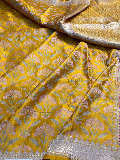 Yellow Satin Tanchoi Silk Banarasi Handwoven Saree