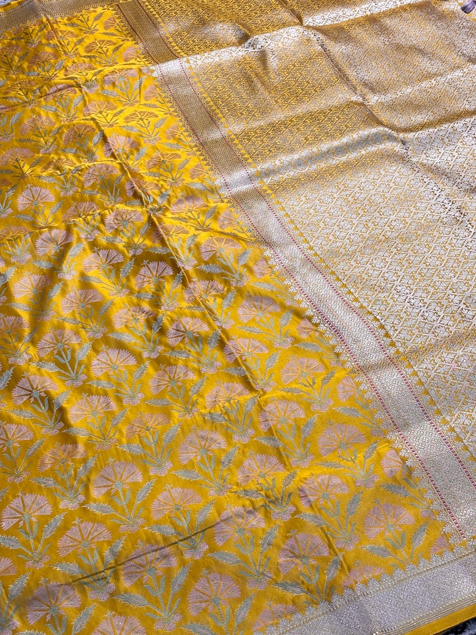 Yellow Satin Tanchoi Silk Banarasi Handwoven Saree