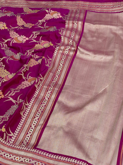 Rani Pink Handwoven Pure Katan Silk Banarasi Saree with Meenakari