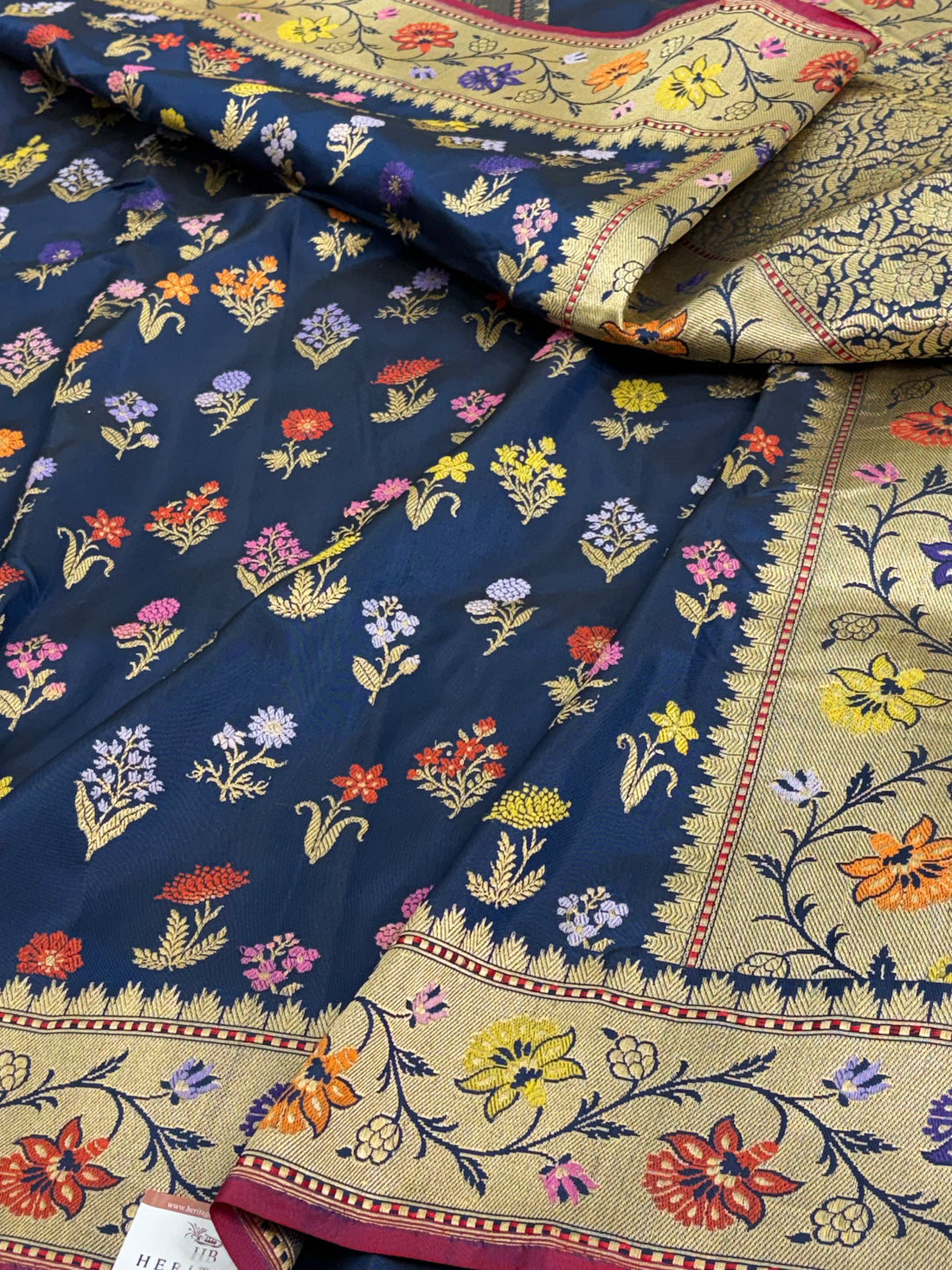 Navy Blue Handwoven Banarasi katan silk saree with Multicolor Meenakari Jaal Weaving