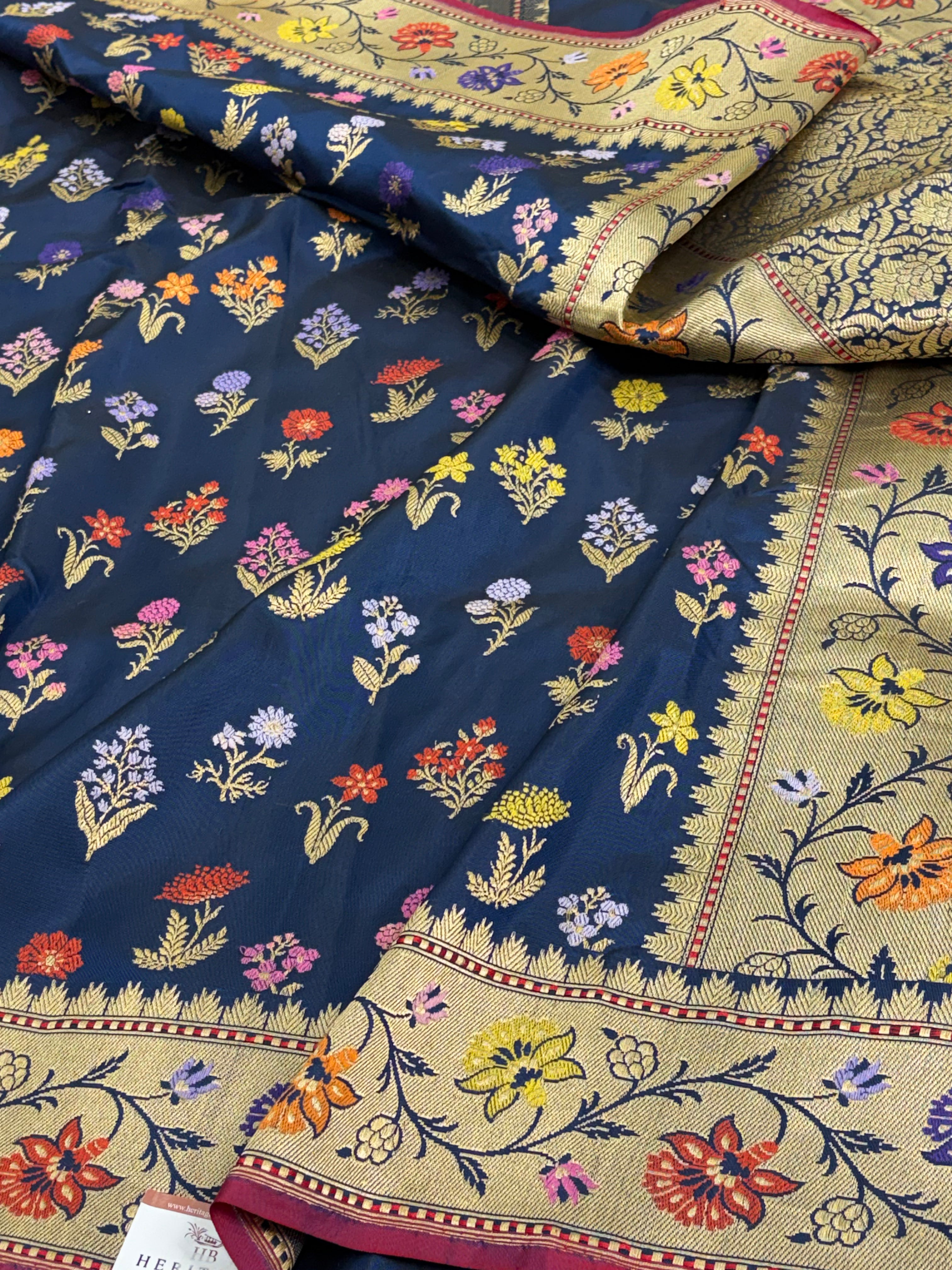 Navy Blue Handwoven Banarasi katan silk saree with Multicolor Meenakari Jaal Weaving