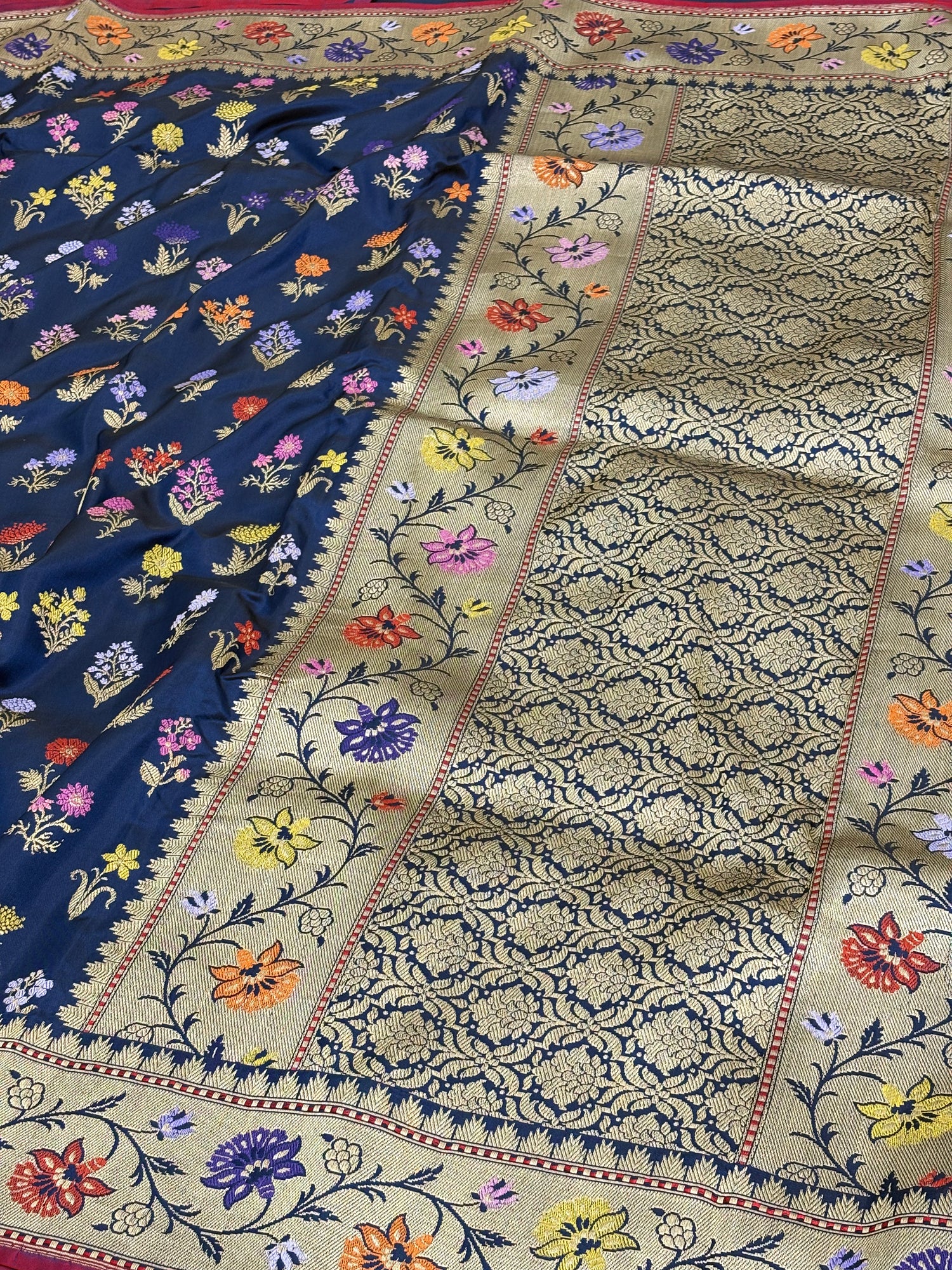 Navy Blue Handwoven Banarasi katan silk saree with Multicolor Meenakari Jaal Weaving