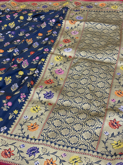 Navy Blue Handwoven Banarasi katan silk saree with Multicolor Meenakari Jaal Weaving
