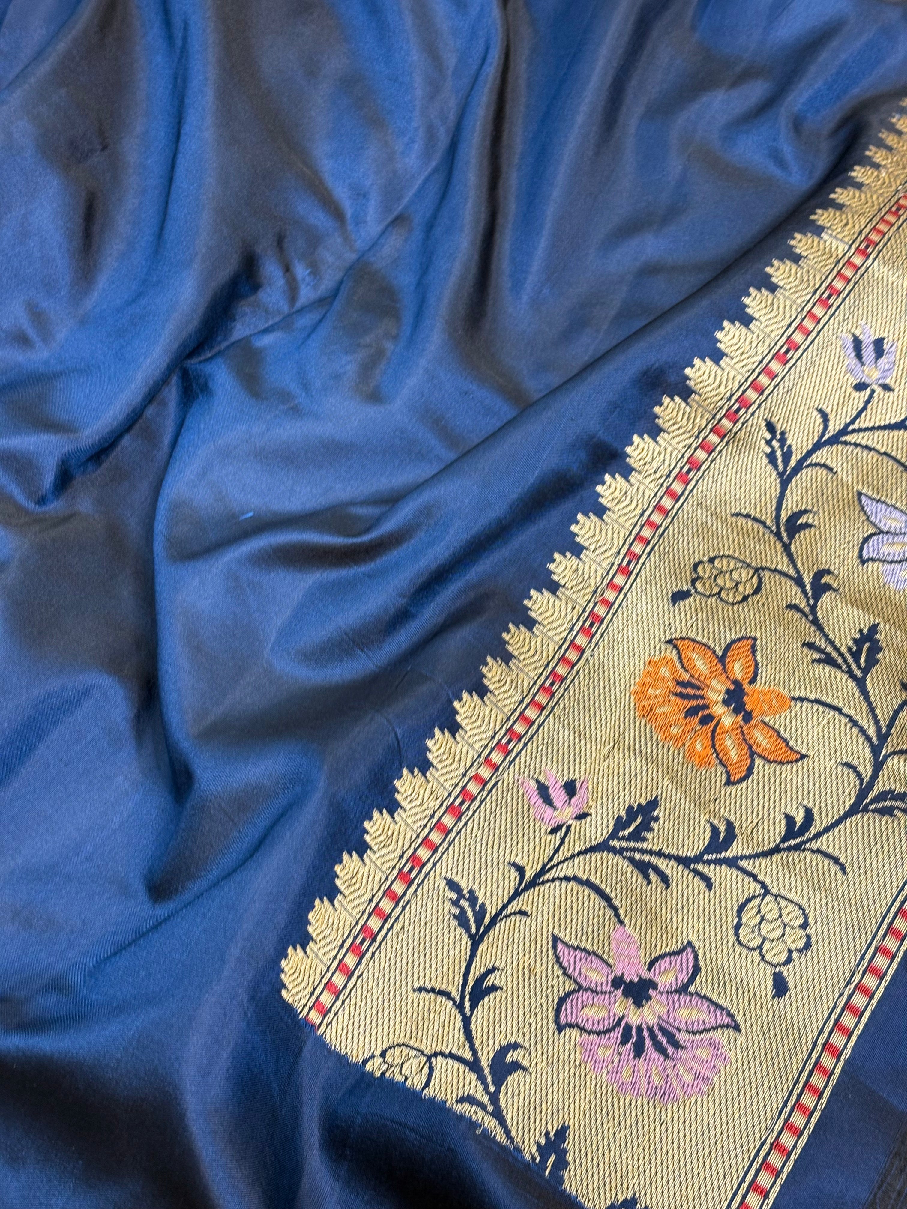 Navy Blue Handwoven Banarasi katan silk saree with Multicolor Meenakari Jaal Weaving