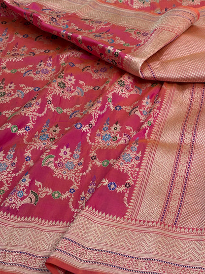 Pink Handwoven Banarasi Pure Katan Silk with Meenakari Kadwa Jaal Weaving
