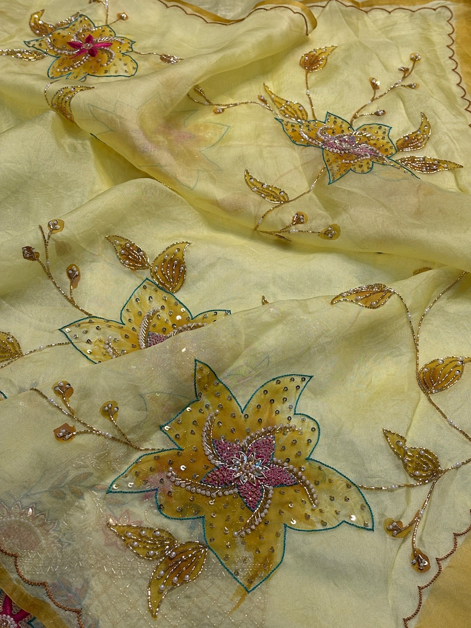 Yellow Hand Embroidery Banarasi Kora Silk Handwoven Saree