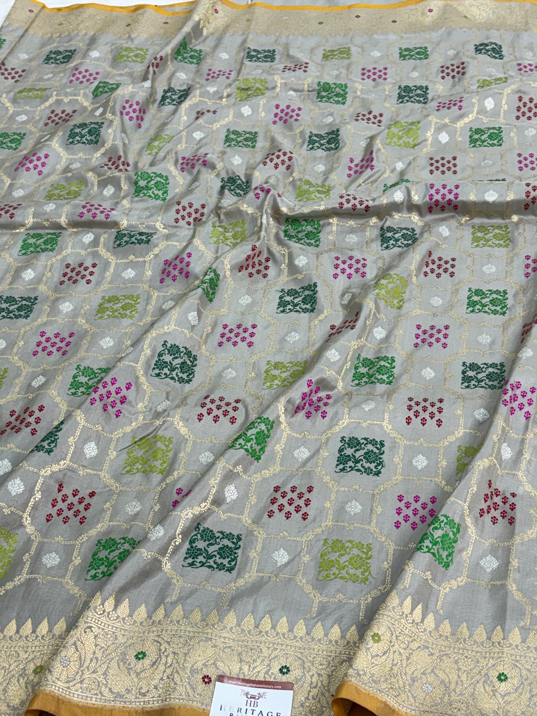 Silver Grey Handwoven Banarasi Pure Katan Silk Kadwa Weave Saree with Jaal Check Meenakari Design