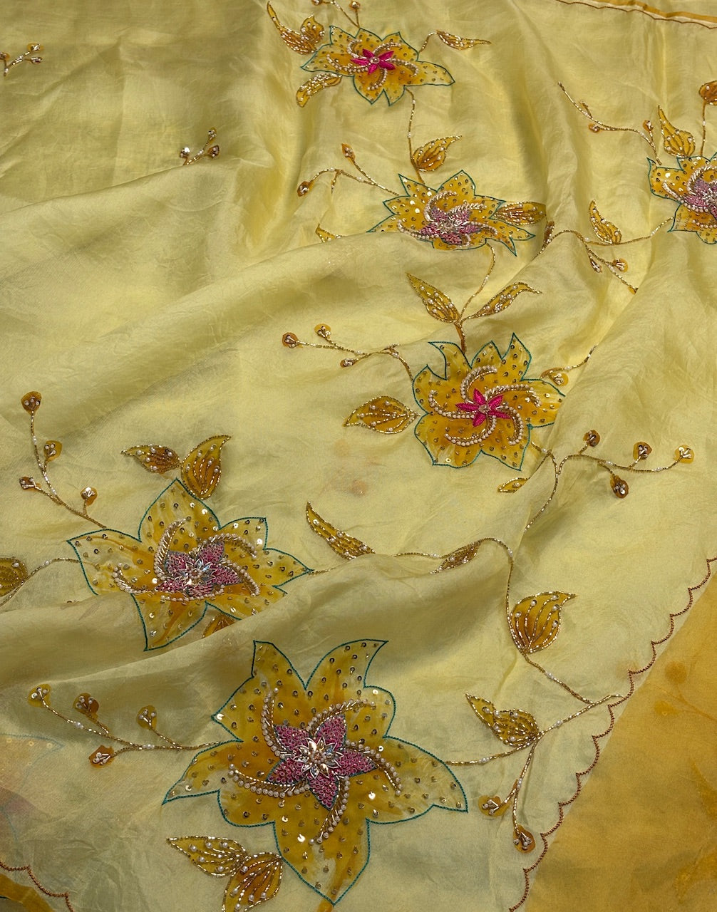 Yellow Hand Embroidery Banarasi Kora Silk Handwoven Saree
