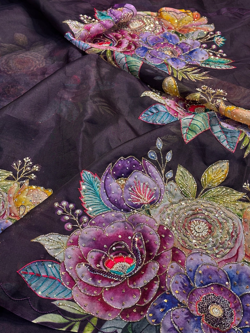 Magenta Hand Embroidery Banarasi Kora Silk Handwoven Saree