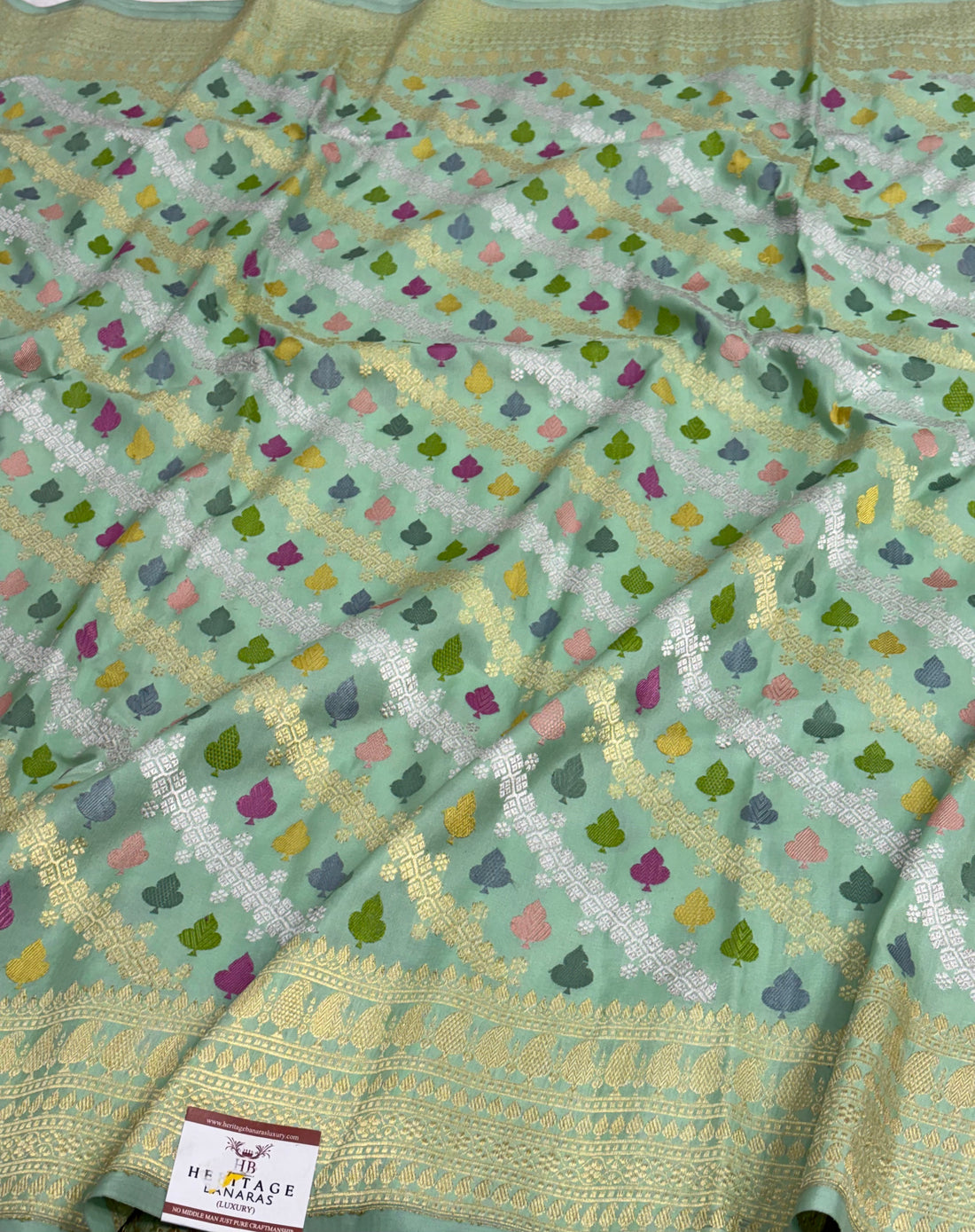 Sea Green Handwoven Banarasi Pure Katan Silk Saree with Meenakari Kadwa Jaal Weaving