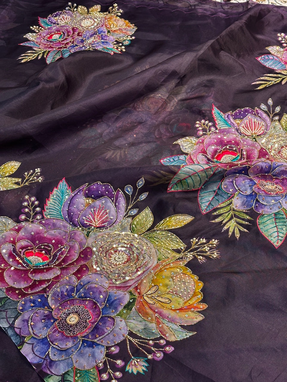 Magenta Hand Embroidery Banarasi Kora Silk Handwoven Saree