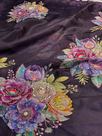 Magenta Hand Embroidery Banarasi Kora Silk Handwoven Saree