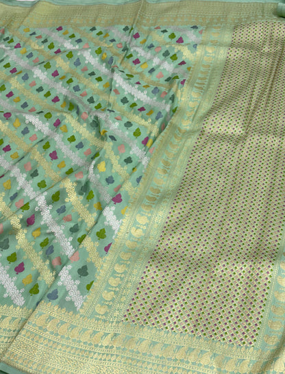 Sea Green Handwoven Banarasi Pure Katan Silk Saree with Meenakari Kadwa Jaal Weaving