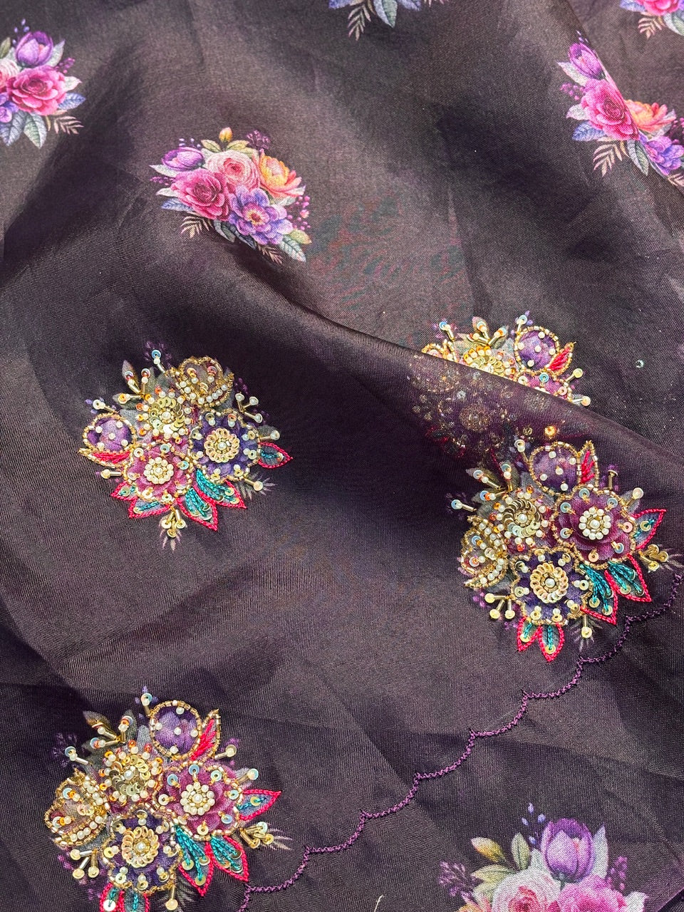 Magenta Hand Embroidery Banarasi Kora Silk Handwoven Saree