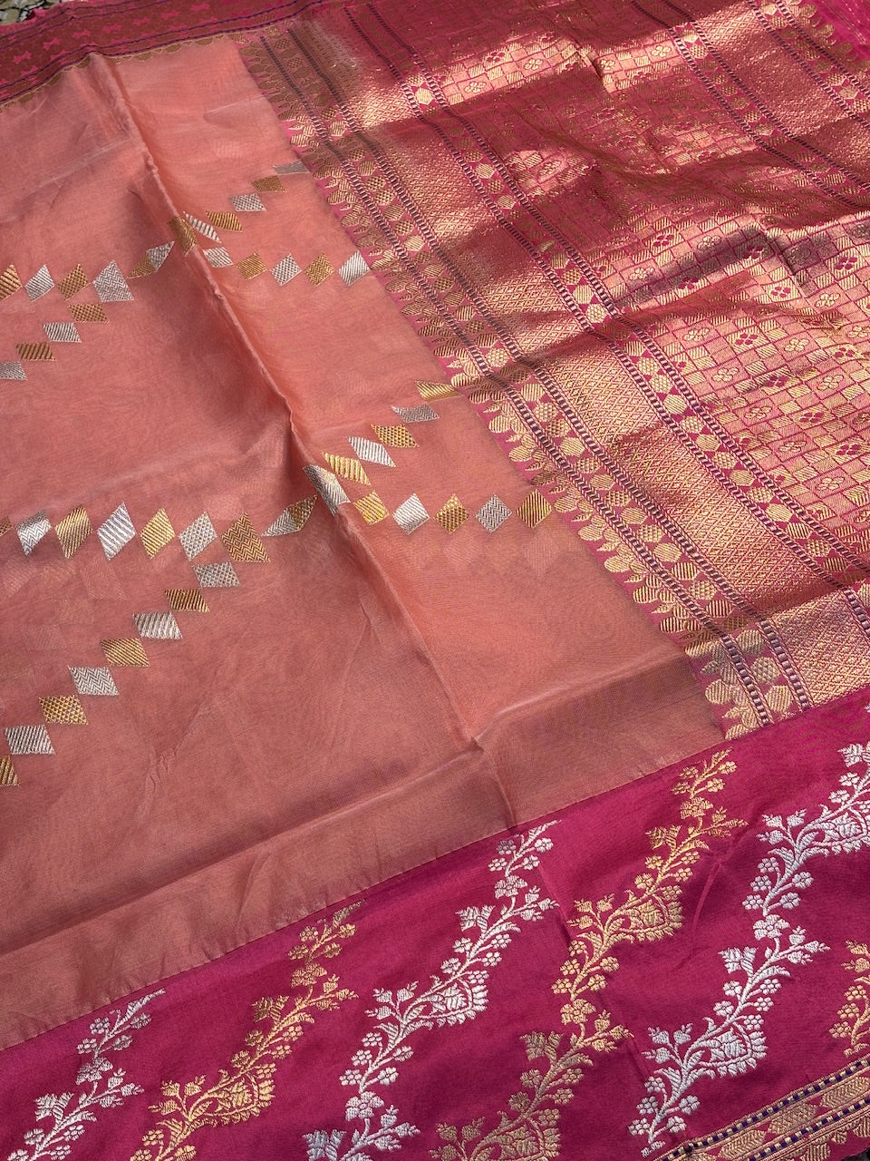 Peach Banarasi Kora Silk Handwoven Saree