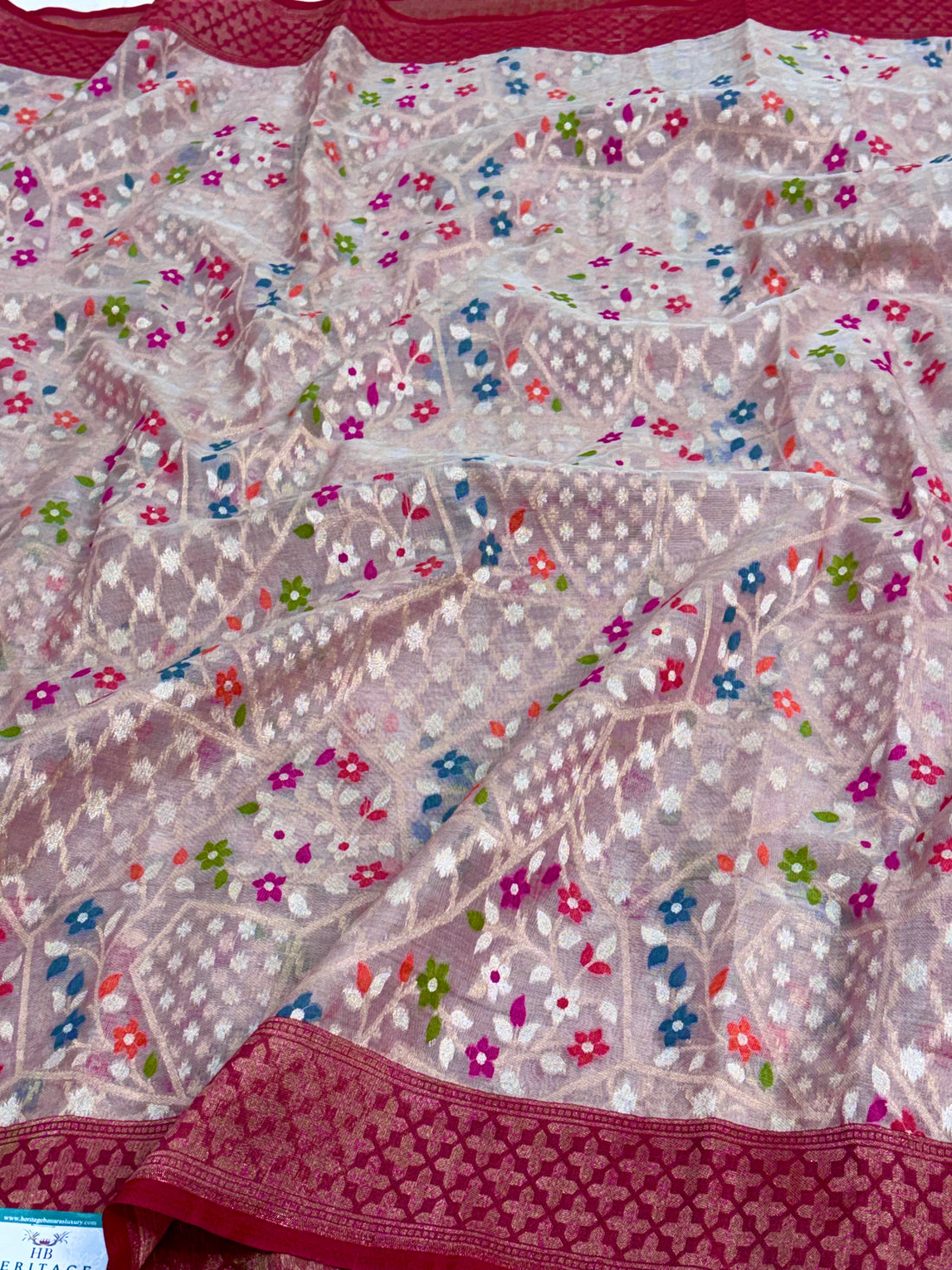 Ivory Handwoven Banarasi Jamdani Ektara Kora Silk with Meenakari Floral
