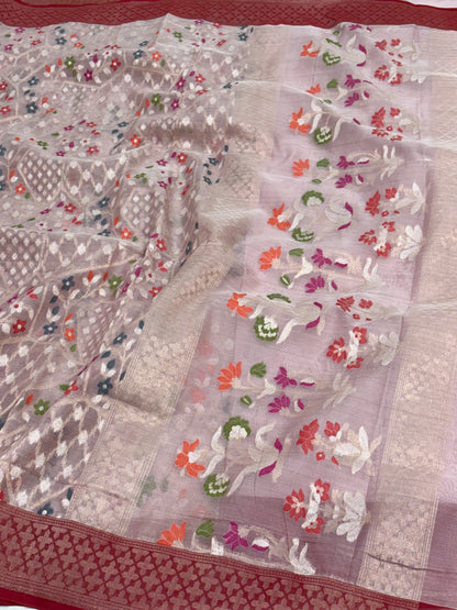 Ivory Handwoven Banarasi Jamdani Ektara Kora Silk with Meenakari Floral