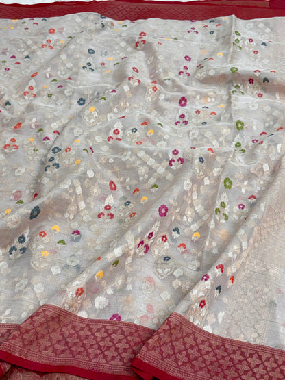 Off-White Handwoven Banarasi Jamdani Ektara Kora Silk Saree With Red Boder