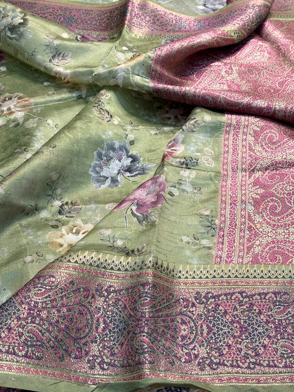 Green Printed Mango Katan Banarasi Silk Handwoven Saree