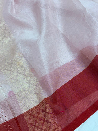 Off-White Handwoven Banarasi Jamdani Ektara Kora Silk Saree With Red Boder
