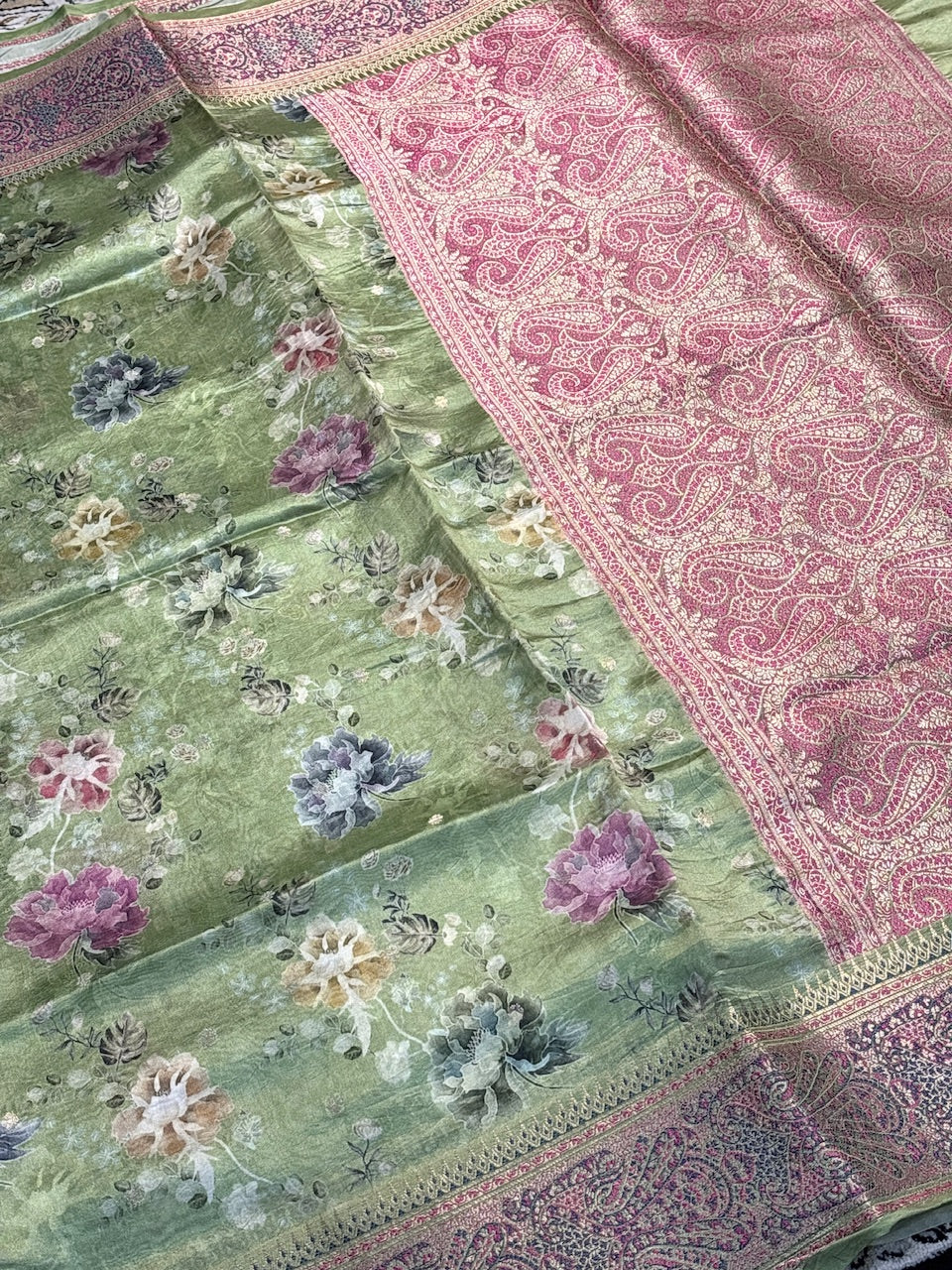 Green Printed Mango Katan Banarasi Silk Handwoven Saree