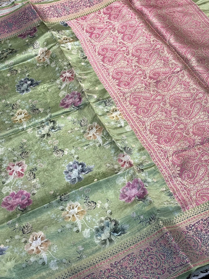 Green Printed Mango Katan Banarasi Silk Handwoven Saree