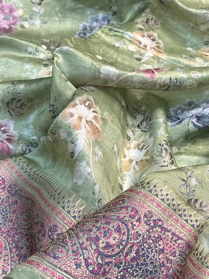 Green Printed Mango Katan Banarasi Silk Handwoven Saree