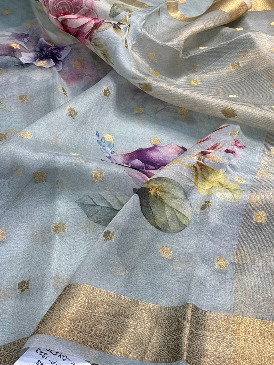 Sea Blue Banarasi  Kora Printed Silk Handwoven Saree