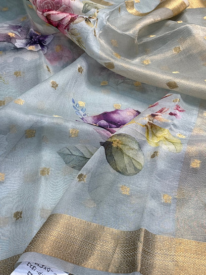 Sea Blue Banarasi  Kora Printed Silk Handwoven Saree