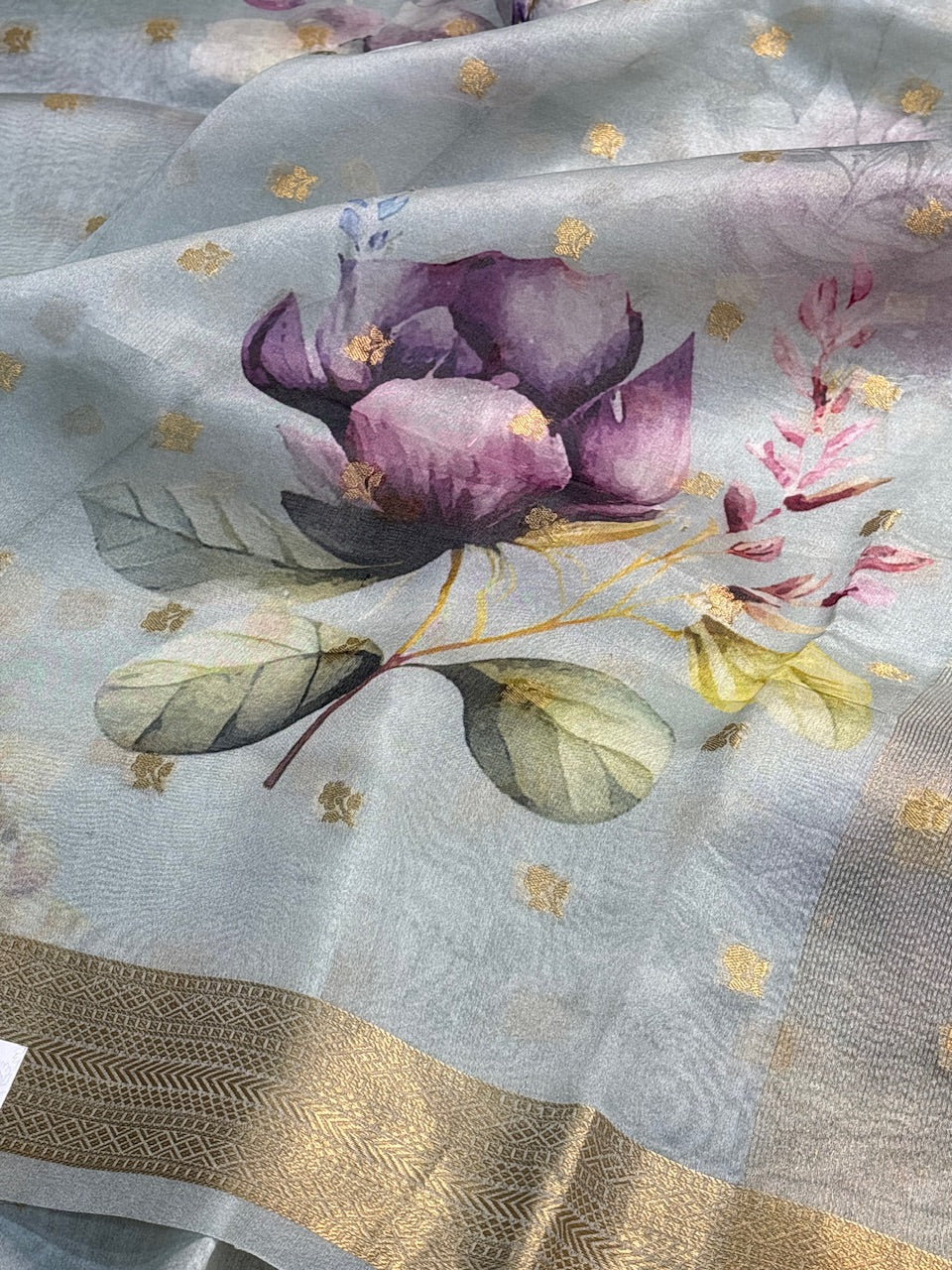 Sea Blue Banarasi  Kora Printed Silk Handwoven Saree