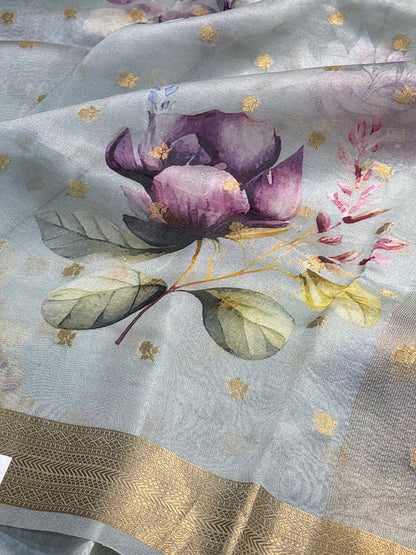 Sea Blue Banarasi  Kora Printed Silk Handwoven Saree