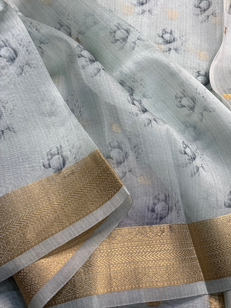 Sea Blue Banarasi  Kora Printed Silk Handwoven Saree