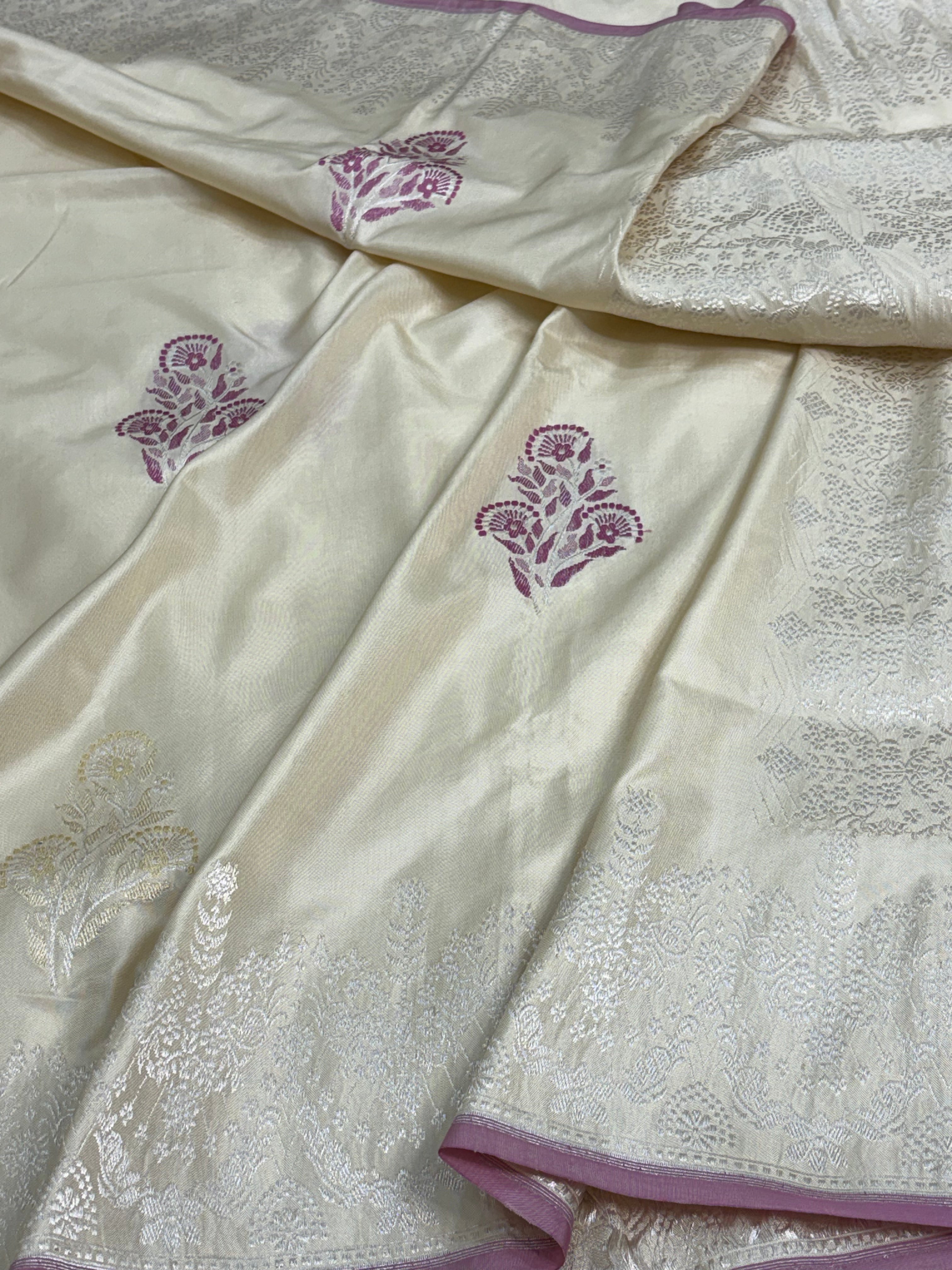 Off White Handwoven Banarasi Pure Ektara Katan Silk Saree with Meenakari Buta