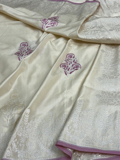 Off White Handwoven Banarasi Pure Ektara Katan Silk Saree with Meenakari Buta