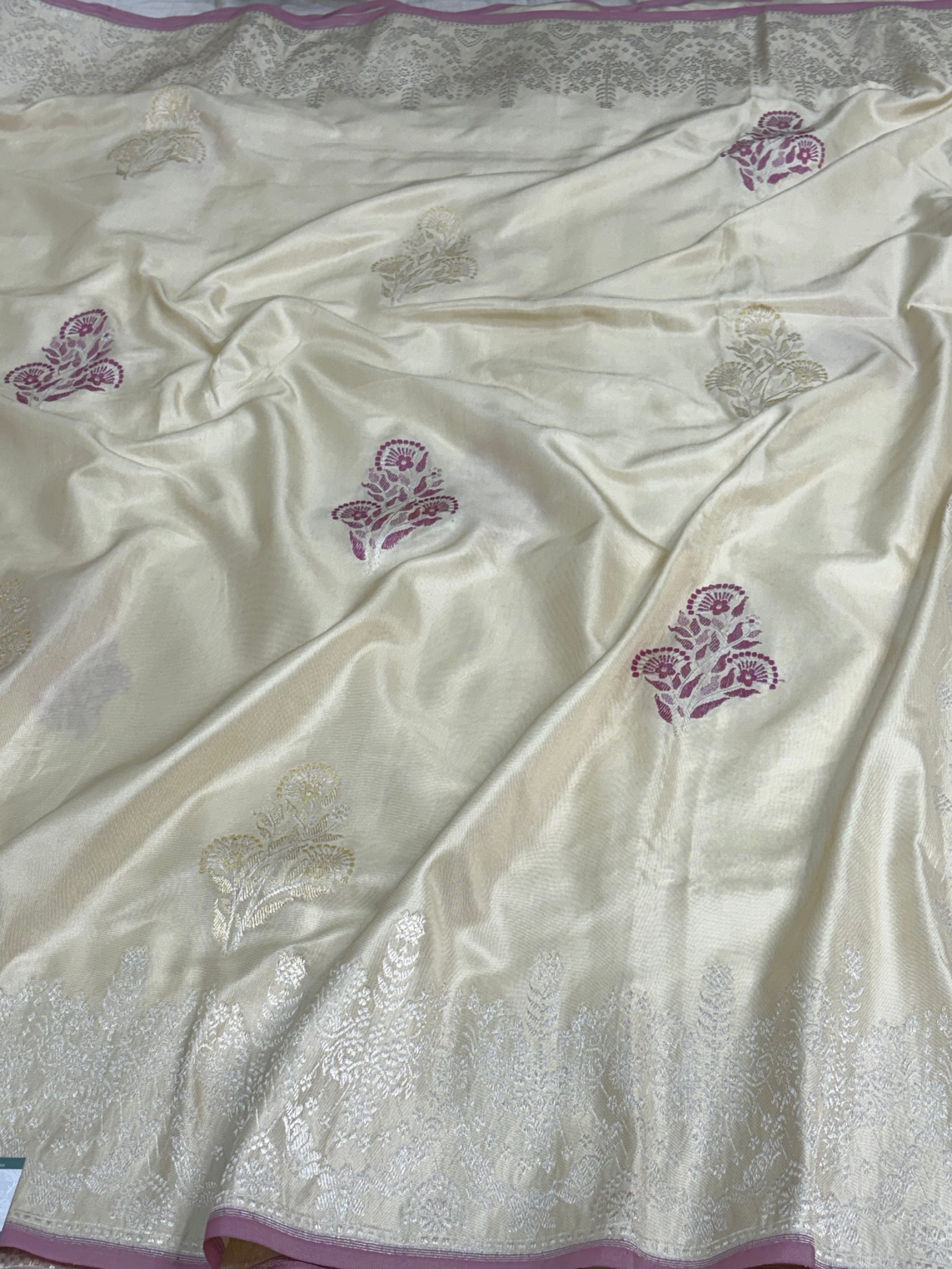 Off White Handwoven Banarasi Pure Ektara Katan Silk Saree with Meenakari Buta