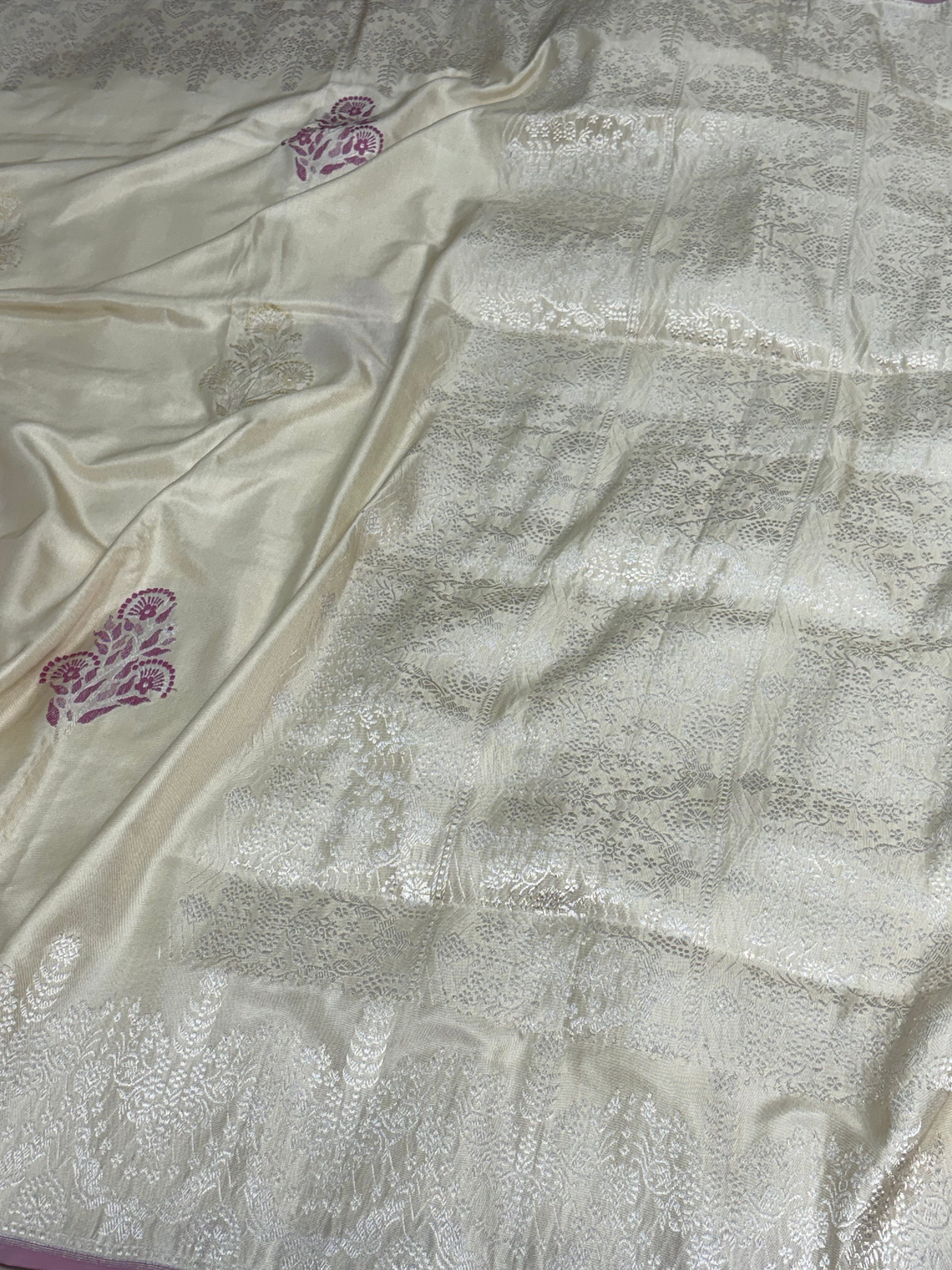 Off White Handwoven Banarasi Pure Ektara Katan Silk Saree with Meenakari Buta