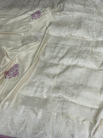 Off White Handwoven Banarasi Pure Ektara Katan Silk Saree with Meenakari Buta