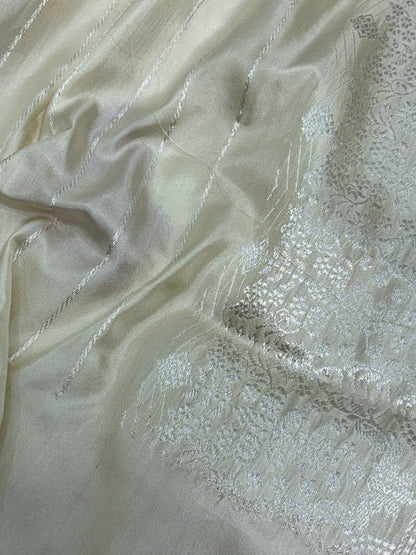 Off White Handwoven Banarasi Pure Ektara Katan Silk Saree with Meenakari Buta