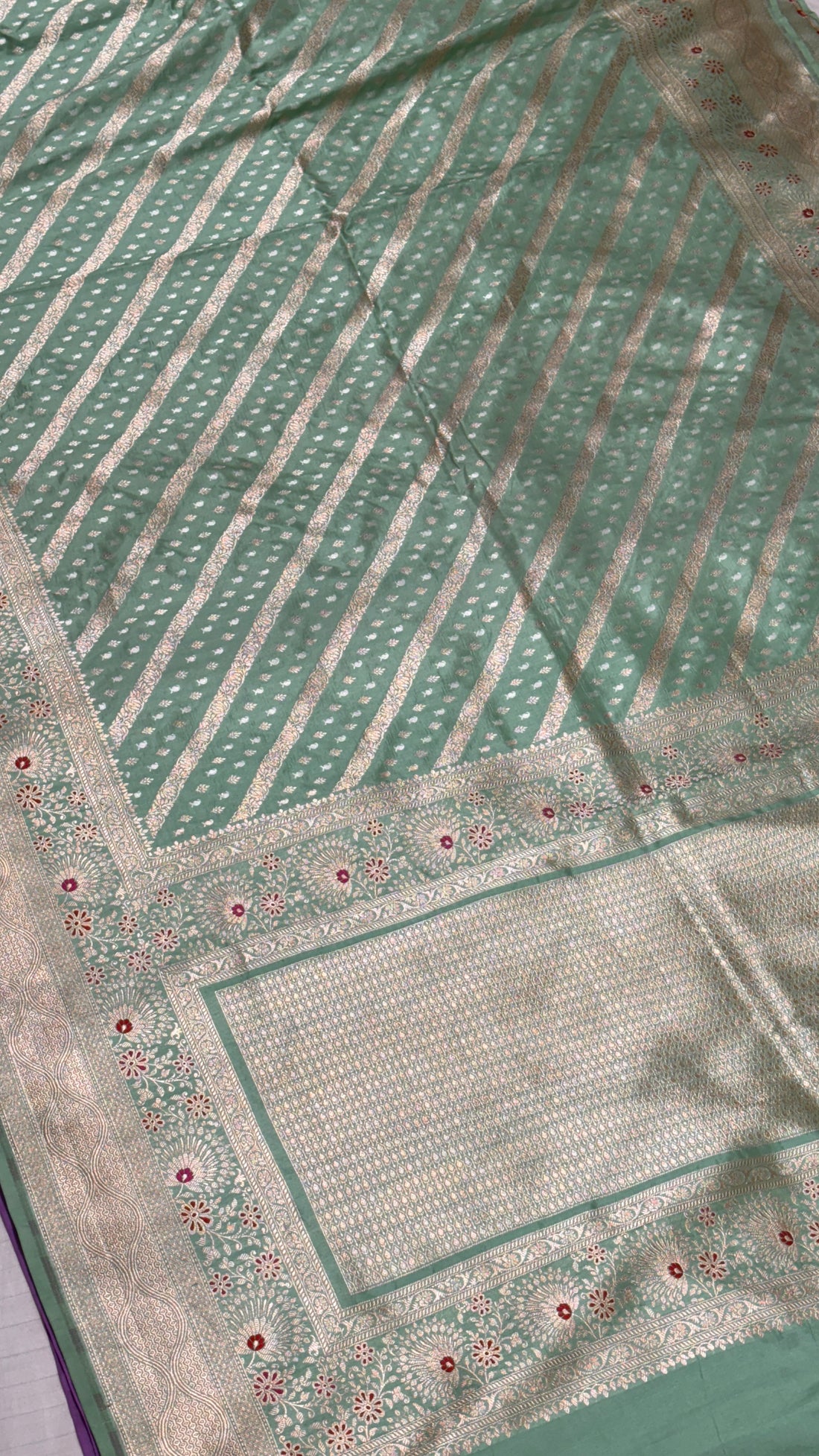 Pure Katan Silk Banarasi Saree in Off-Green