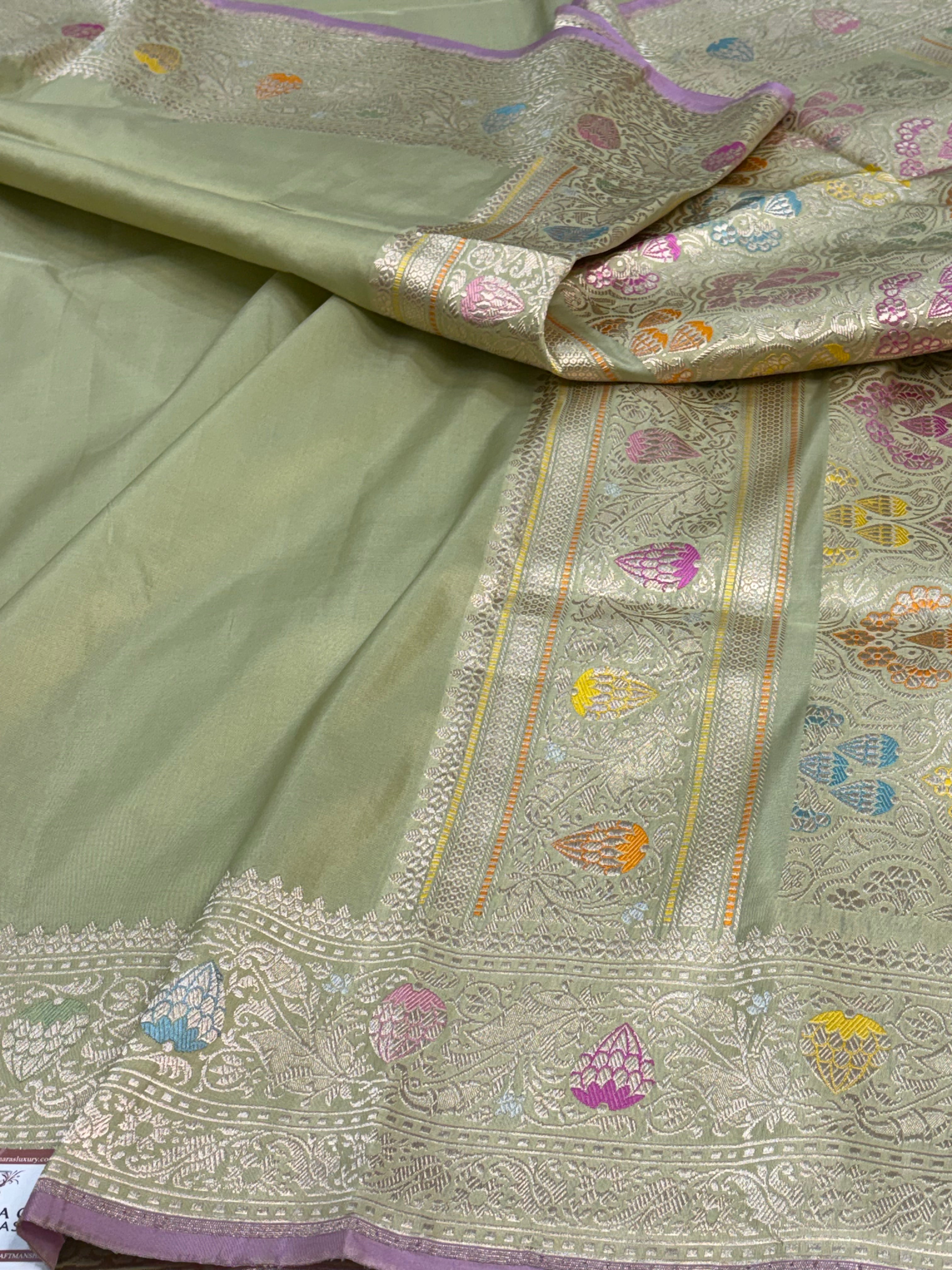 Sea Green Handwoven Banarasi Pure Katan Silk with Meenakari Border