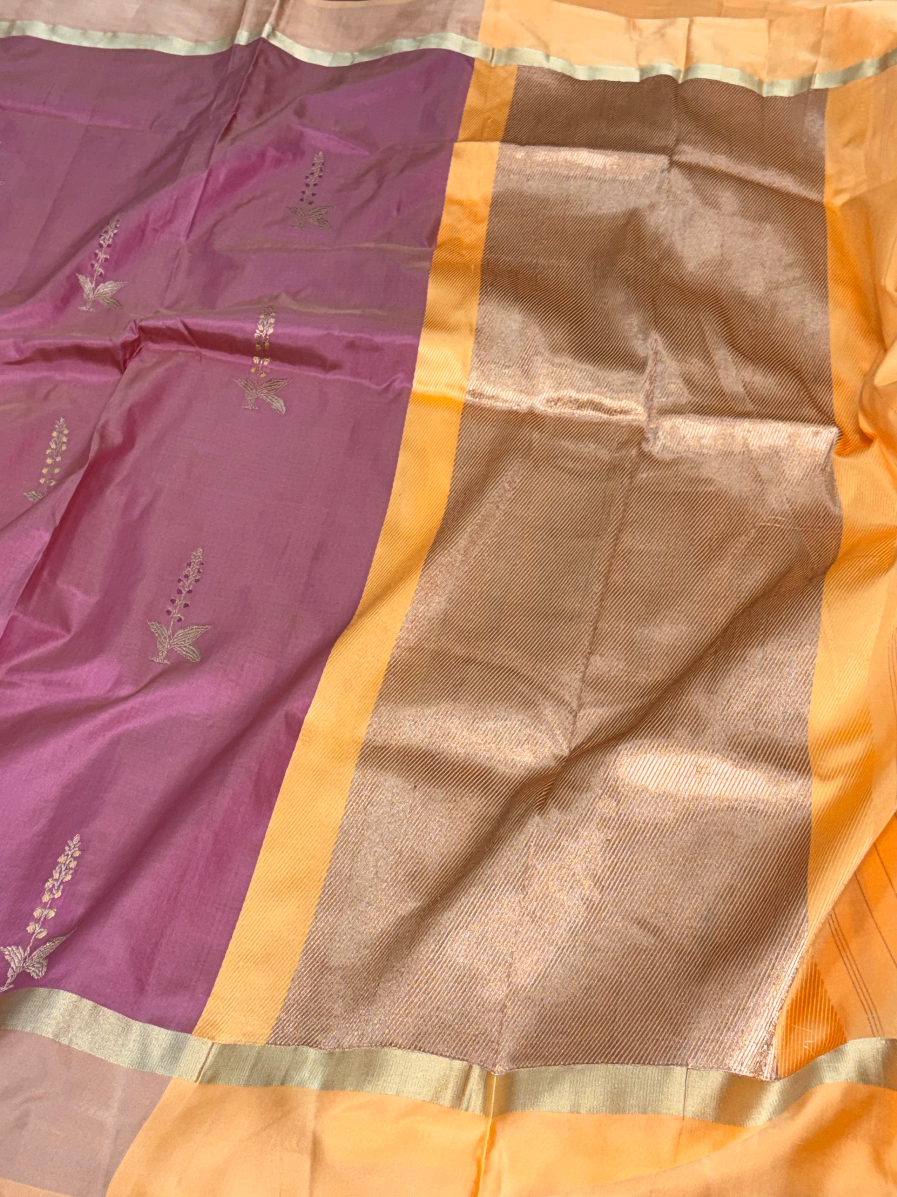 Smoke Mauve Handwoven Banarasi Pure Katan Silk Saree with Meenakari Buta