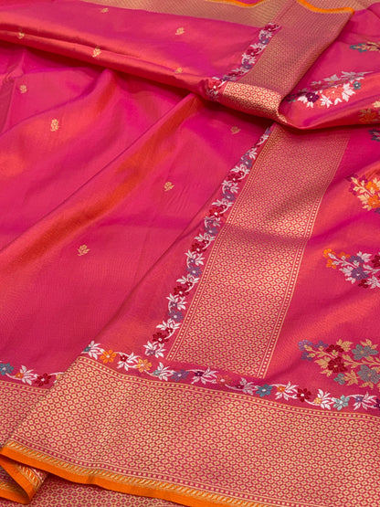 Pink Handwoven Banarasi Pure Katan Silk Saree with Kadwa Meenakari Buta