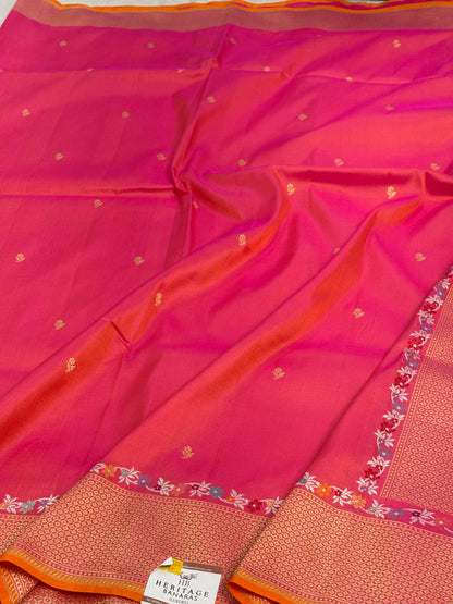 Pink Handwoven Banarasi Pure Katan Silk Saree with Kadwa Meenakari Buta