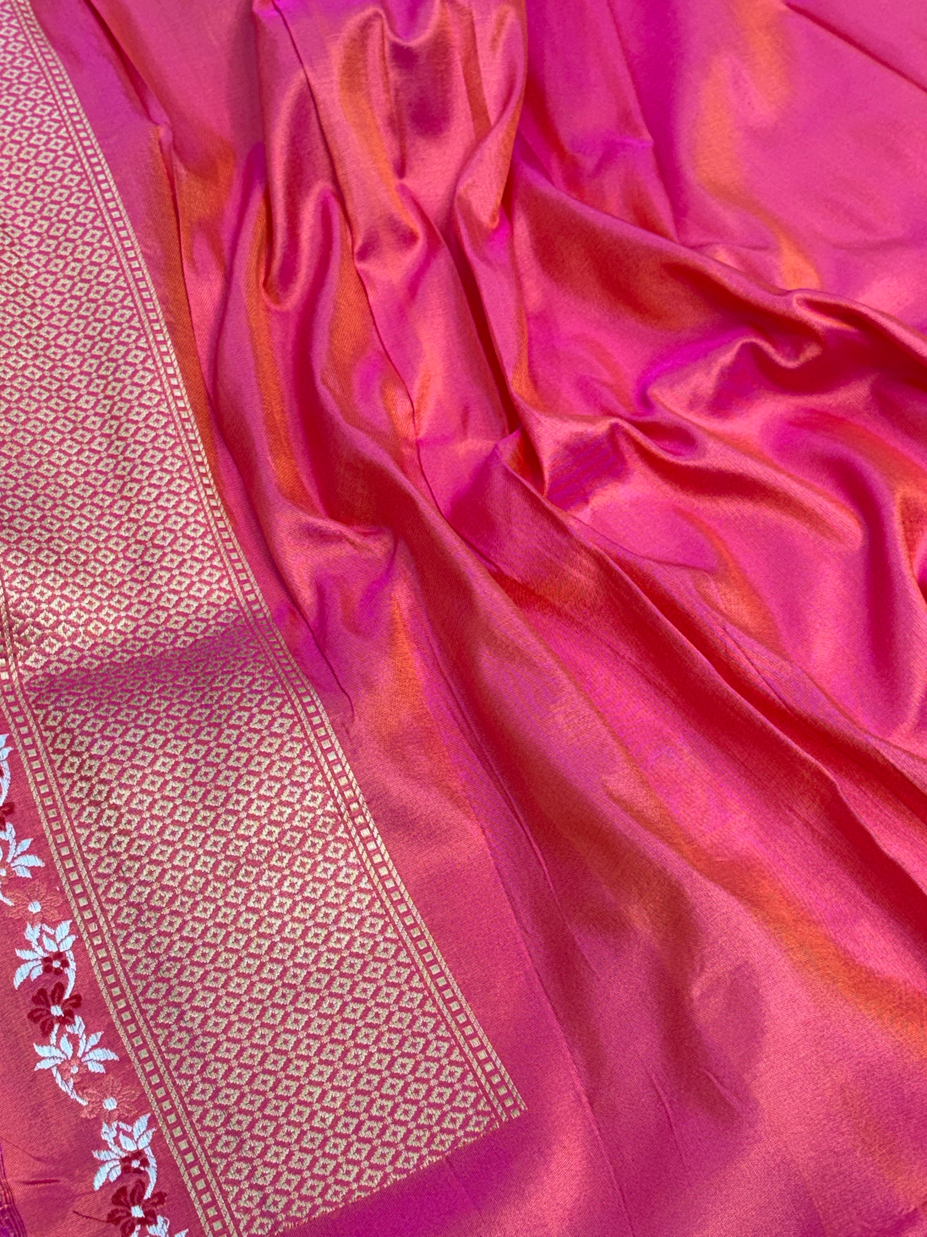 Pink Handwoven Banarasi Pure Katan Silk Saree with Kadwa Meenakari Buta