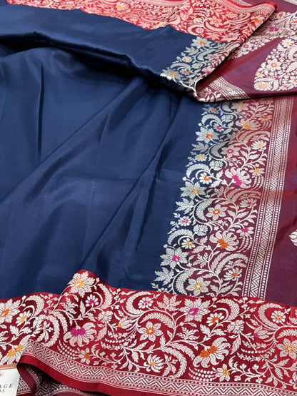 Navy Blue Handwoven Banarasi Pure Katan Silk Saree with Meenakari Border