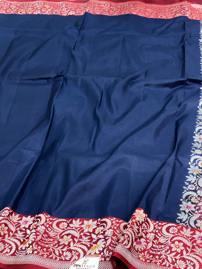 Navy Blue Handwoven Banarasi Pure Katan Silk Saree with Meenakari Border
