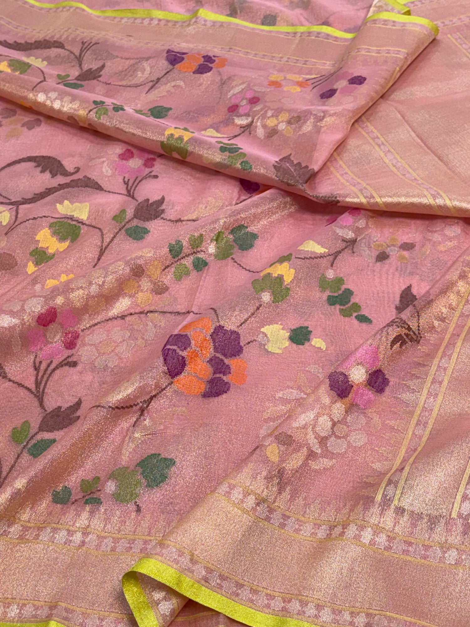 Pink Handwoven Banarasi Jamdani Real Zari Tissue Silk Saree with Floral Meenakari Work