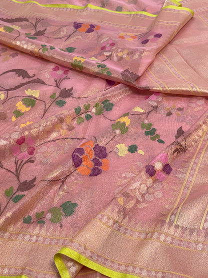 Pink Handwoven Banarasi Jamdani Real Zari Tissue Silk Saree with Floral Meenakari Work