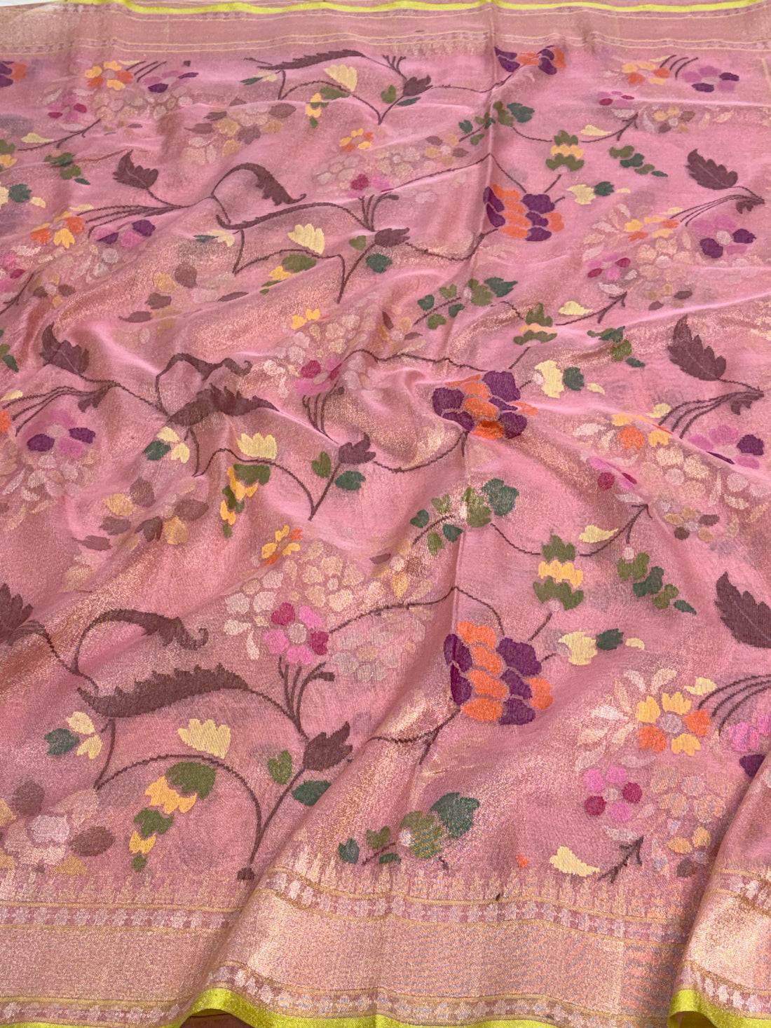 Pink Handwoven Banarasi Jamdani Real Zari Tissue Silk Saree with Floral Meenakari Work